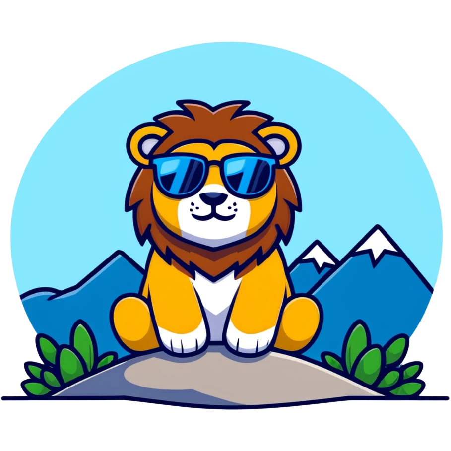 a lion with cool glasses chilling on a mountain top emoji