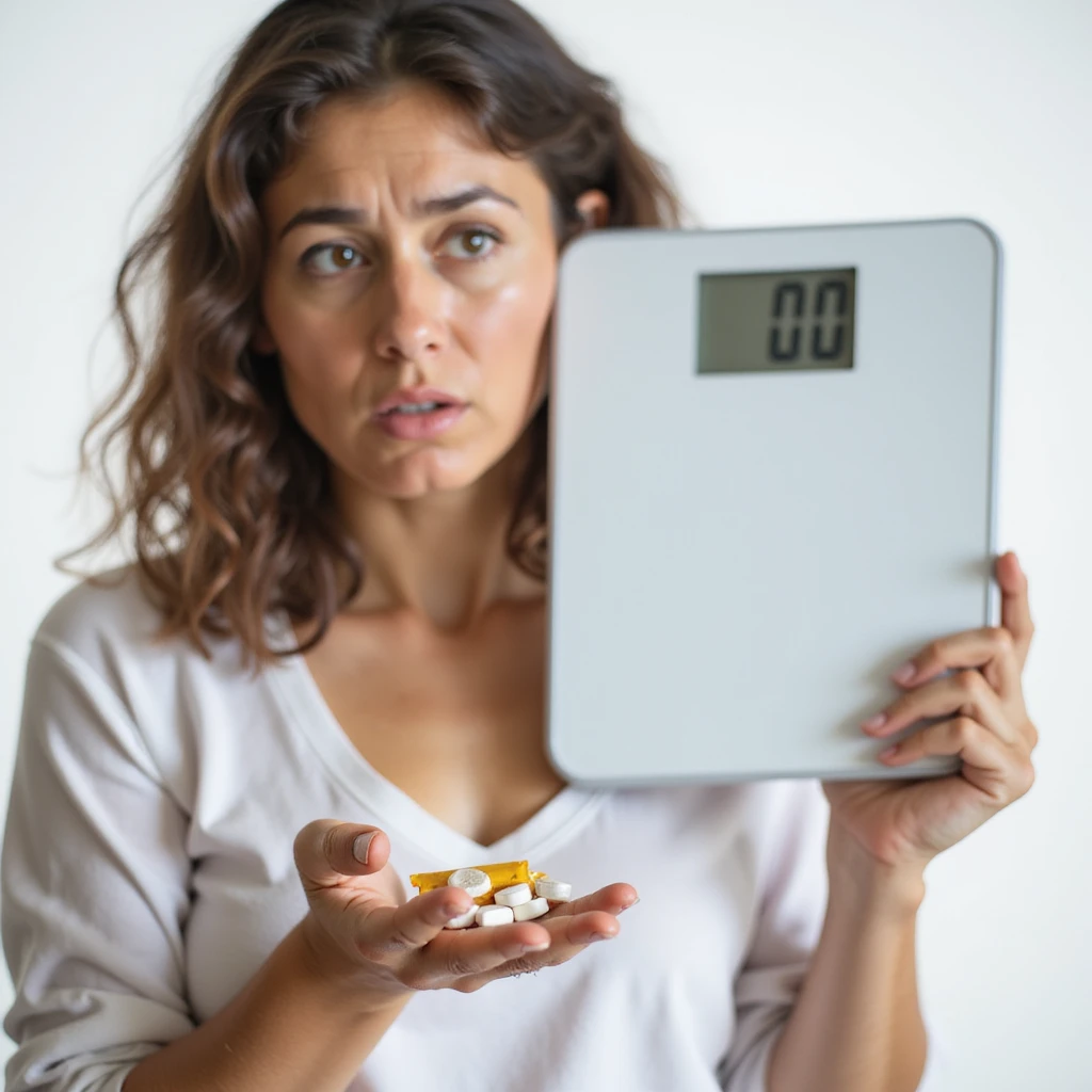hyperrealistic 4K vertical 9:16 close-up of a woman holding Metformin, next to a scale showing the same weight as before, discouraged expression, white background emoji