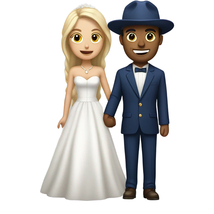 Puerto rican beard short hair with blue hat and navy blue suit getting Married with blond long hair girl with white  wedding dress  emoji
