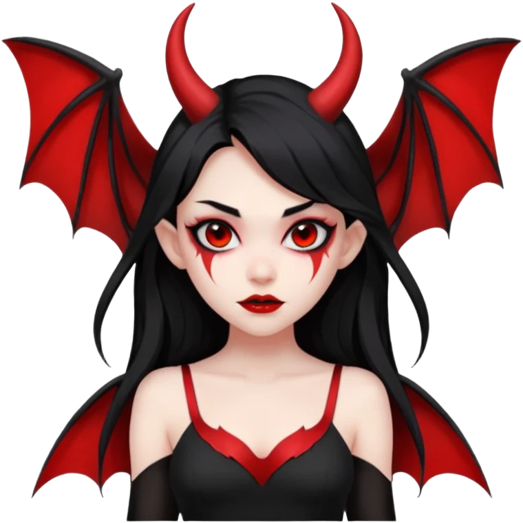 demon girl, skin red , black long hair, small horns, bat wing, black open-back dress, bold black outlines emoji