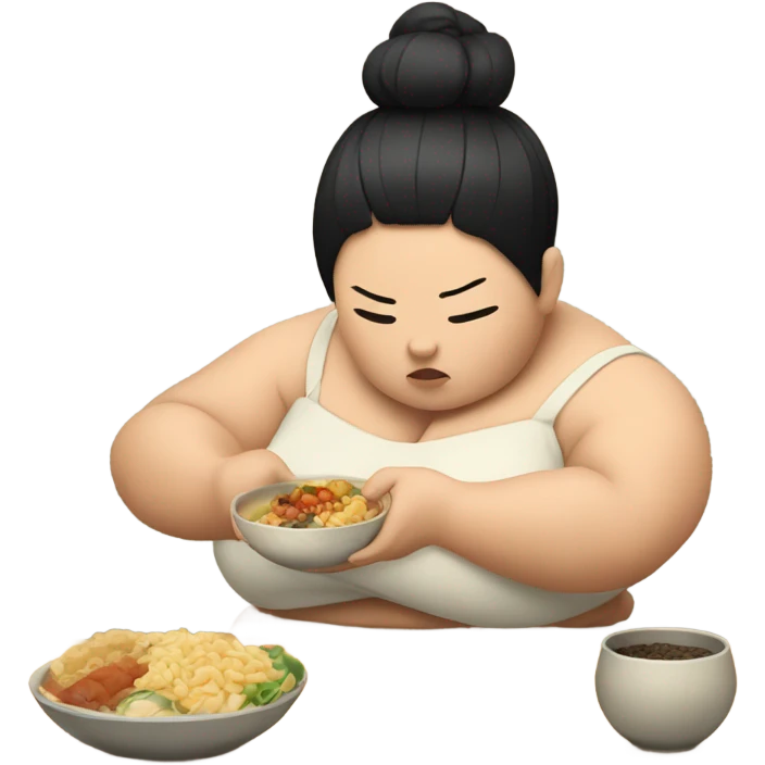 Female sumo wrestler eating while sad emoji