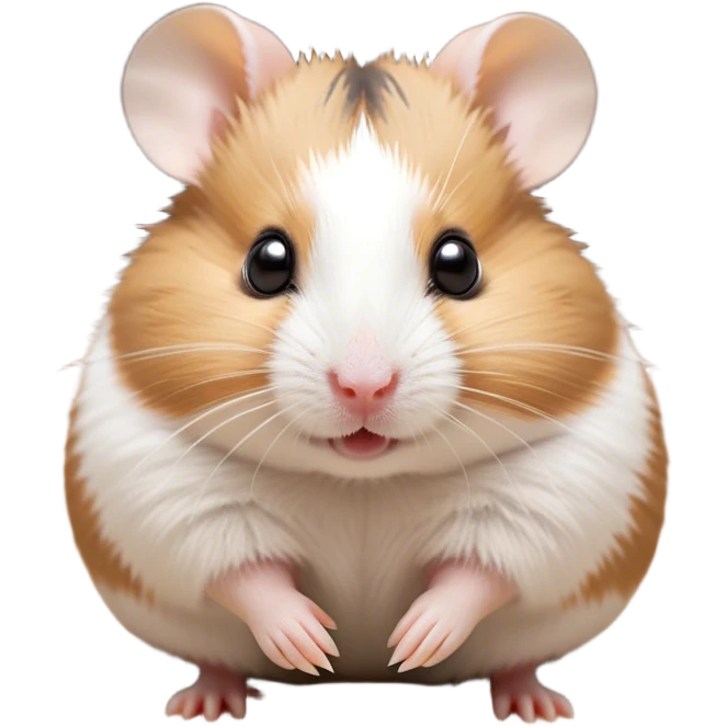Cinematic Cute Brown and White Banded Hamster Portrait Emoji, Head tilted playfully and inquisitively, showcasing a fluffy fur with playful brown and white banded patterns, round, sparkling dark eyes filled with curiosity, Simplified yet irresistibly adorable features, highly detailed, glowing with a warm, friendly glow, high shine, affectionate and lively, stylized with a touch of whimsy, bright and endearing, soft glowing outline, capturing the essence of a mischievous yet loving hamster, so playful it feels like it could dash out of the screen and into your arms! emoji