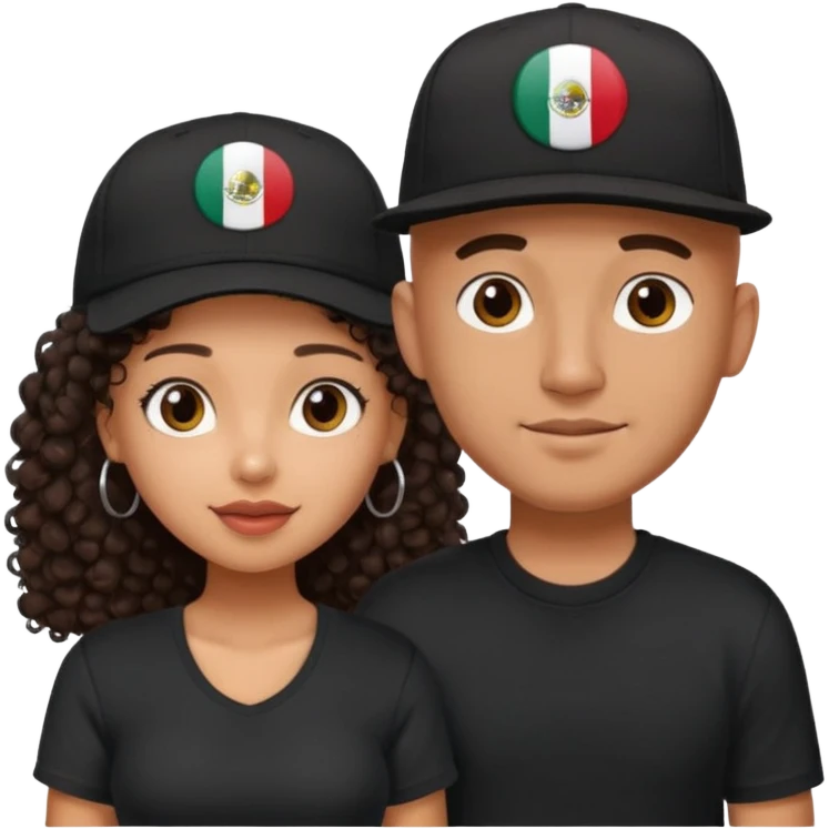 A picture of a cute tanned couple. the man is Mexican, with a bald hair cut wearing a SnapBack hat and a black shirt. the woman is mixed, she has curly longer dark brown hair, thicker and with big boobs  emoji
