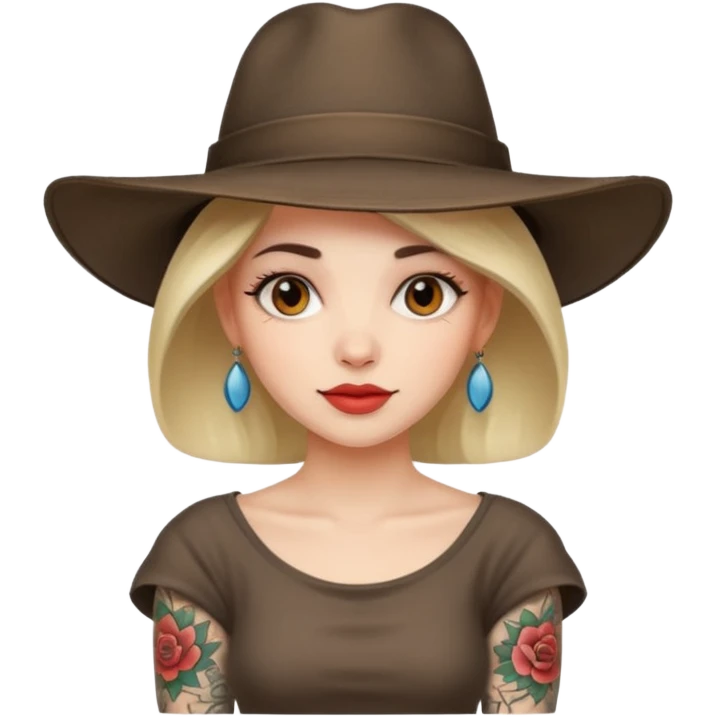 Woman with sleeve tattoos and wide-brim hat emoji