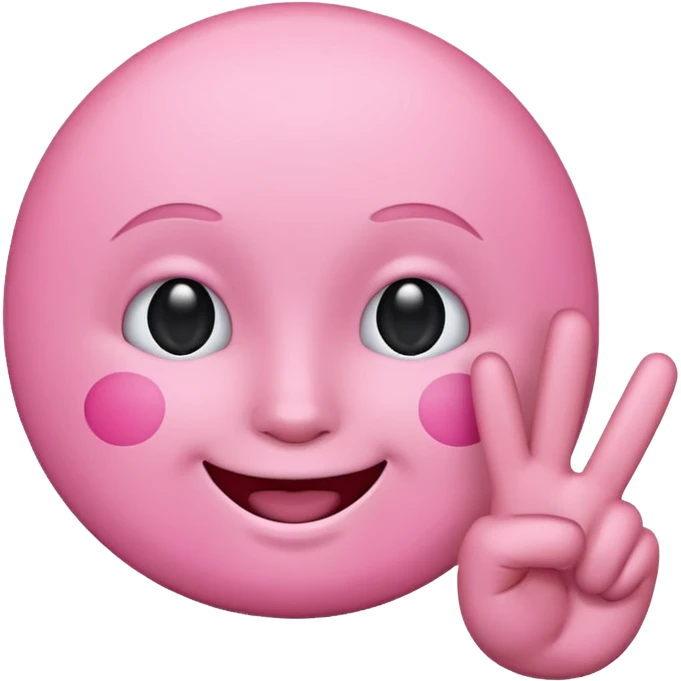 pink emoji face, smiling, showing peace sign emoji