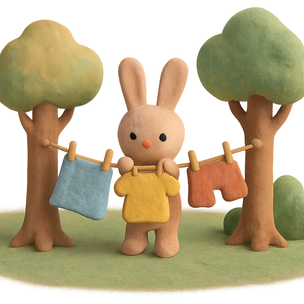 bunny hanging laundry between trees, calming domestic forest feel, soft pastel colors emoji