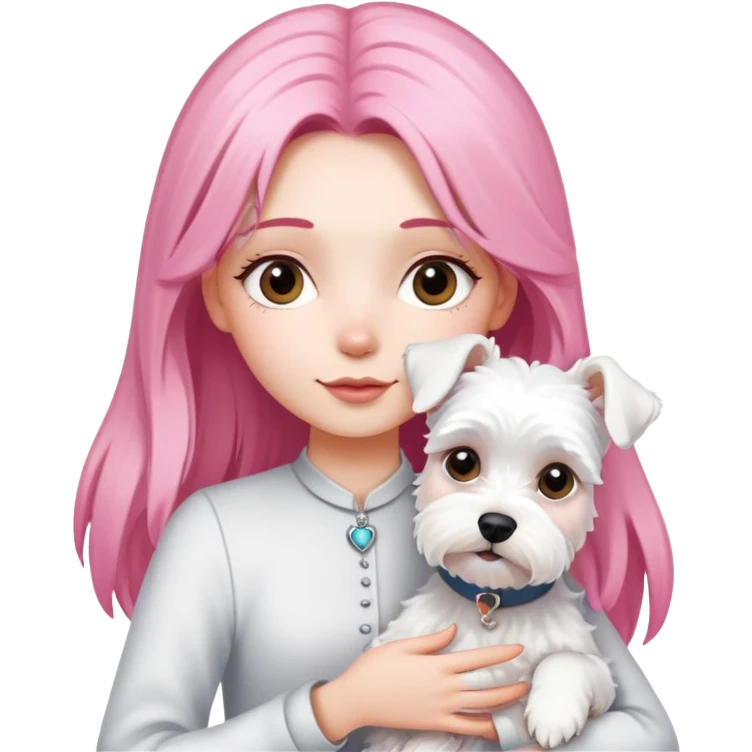 Girl with long pink hair holding a white schnauzer dog emoji