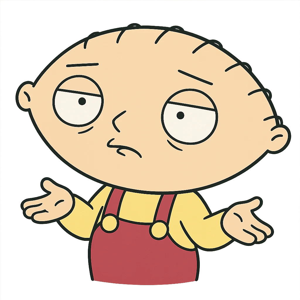 Stewie from Family Guy with a puzzled face and shoulders raised, cartoon style emoji