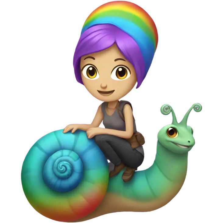 Caucasian Woman with purple hair riding a rainbow snail emoji