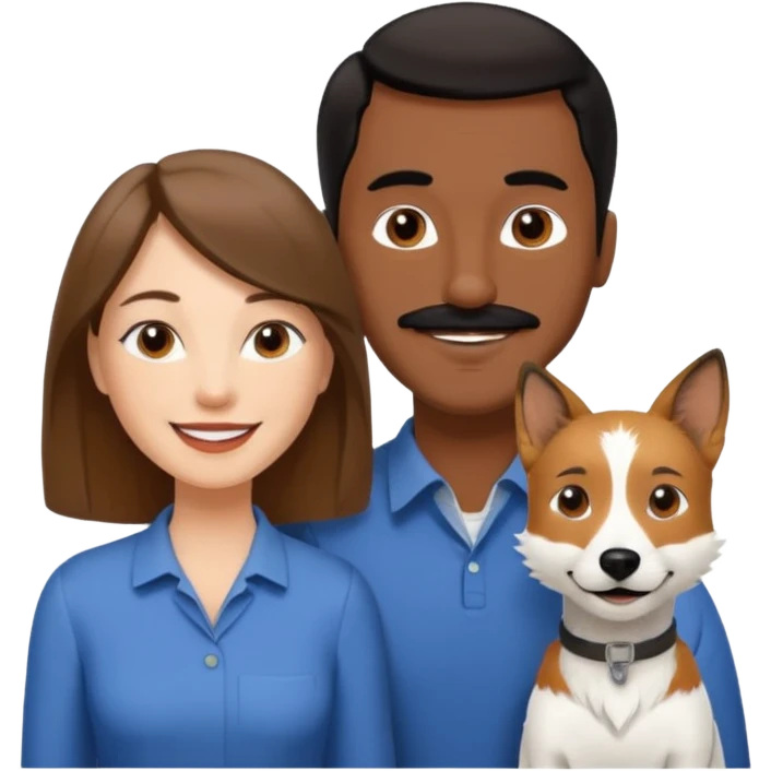 Quiero a una mujer blanca  con el pelo por el hombro lacio castaño  con un hombre de color morochito con el pelo negro y bigote, ambos felices  y un solo perro blanco Fox terrier  emoji