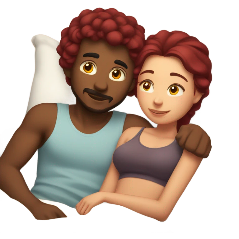 Burgundy haired girl and boyfriend cuddling in bed emoji