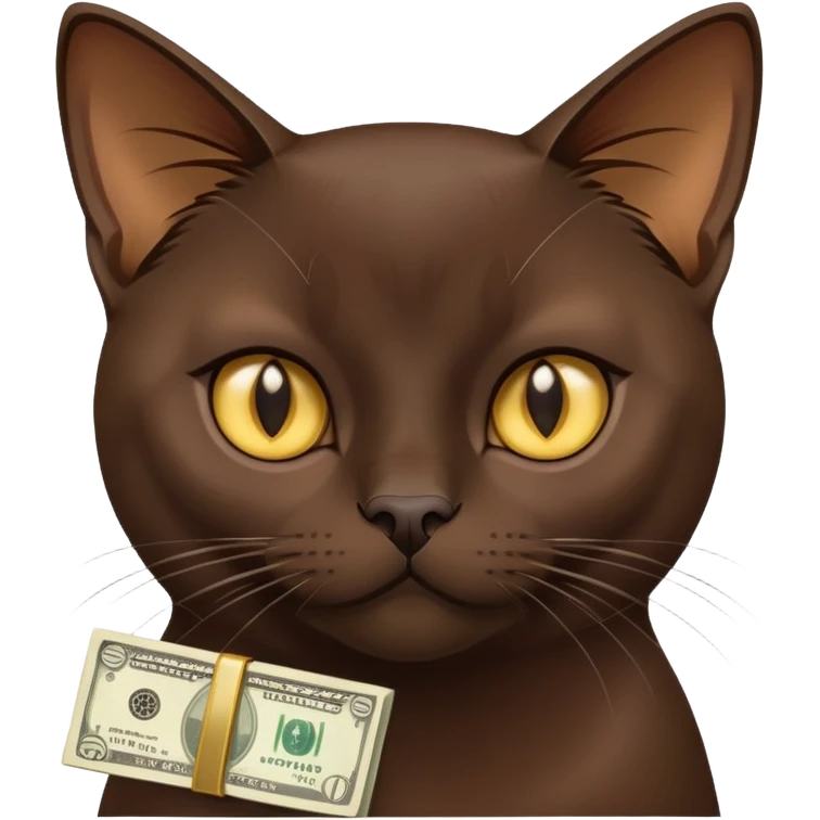 Dark brown Burmese cat with money emoji