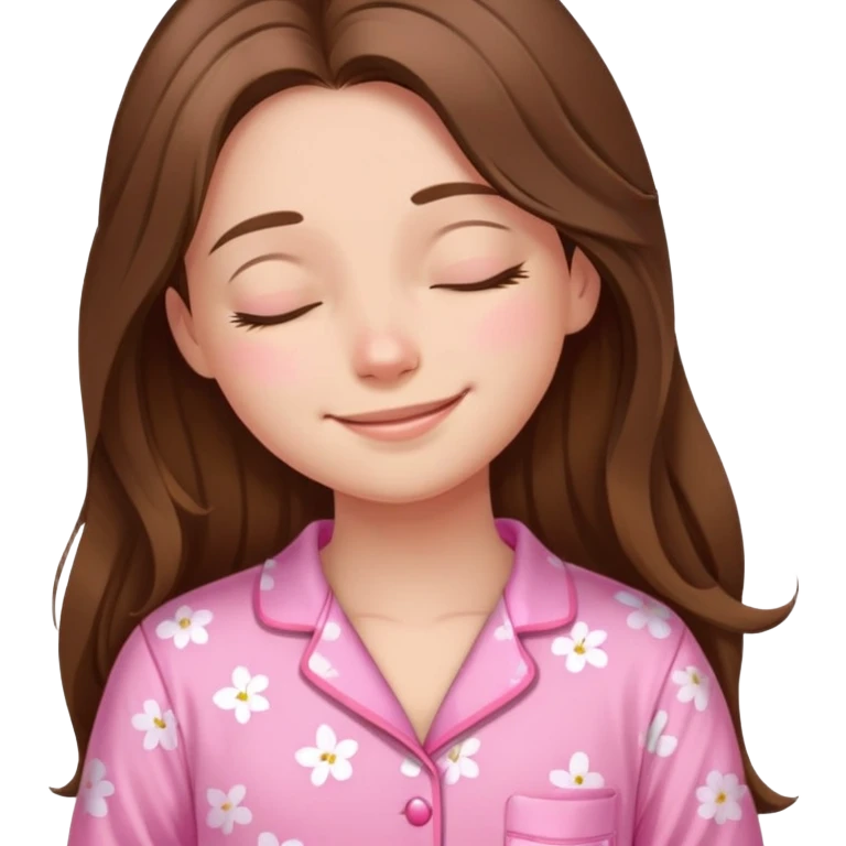 The brown long hair girl going to sleep in pink pajama with smile and closed eyes emoji