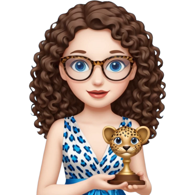 A girl with white pale skin, full lips, brunette LONG curly hair. She is wearing a white  silk dress. She is holding an award and happy. She has a leopard print round-ish shaped glasses. She has blue eyes. emoji