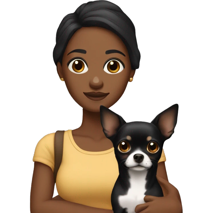 An African American with dark skin and straightened black hair holding a black and brown chihuahua  emoji