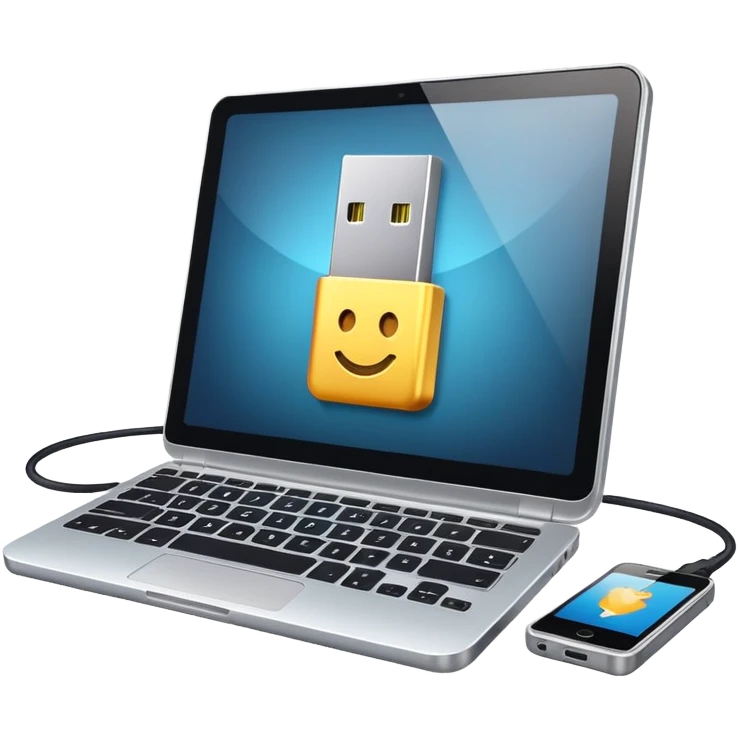computer connected to smartphone with a USB cable emoji