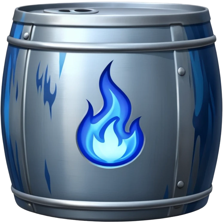 generate a realistic rust-free metal barrel with blue fire on it emoji