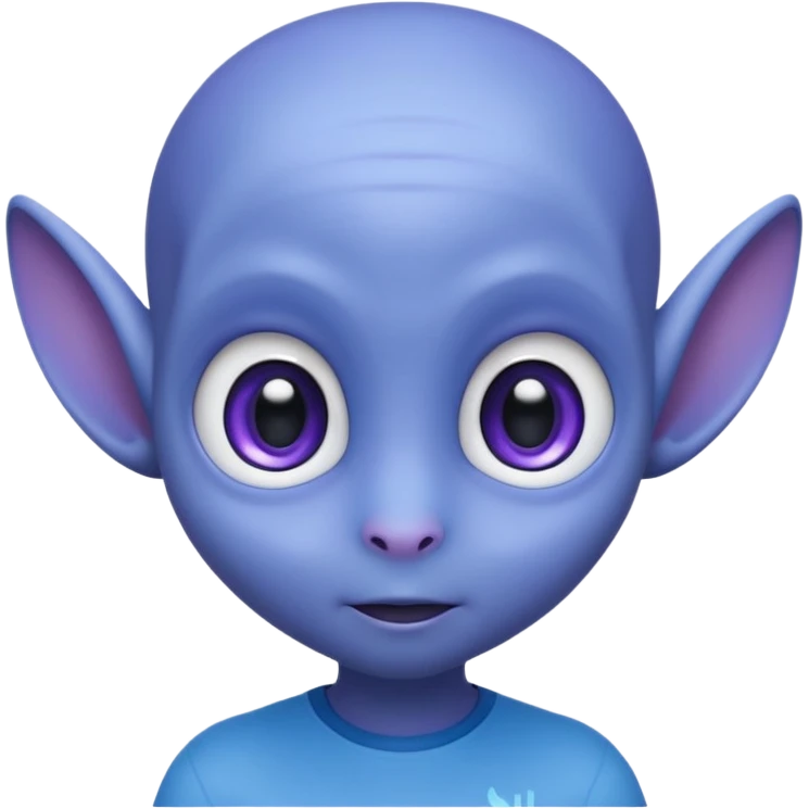Portrait of an cute alien with smooth purple-blue skin, small antennae, large black oval eyes, small nose, and visible ears, elongated head, front-facing, wearing blue t-shirt, soft glow, simple futuristic design emoji