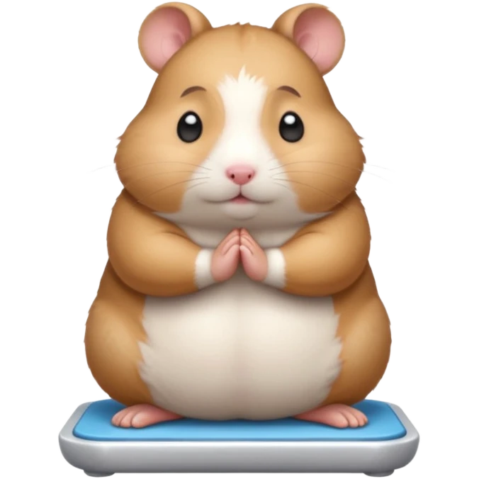 Cute chubby cartoon-style hamster standing on a bathroom scale, looking nervous with praying hands. Painterly shading, closed eyes, white background, sticker-style illustration emoji