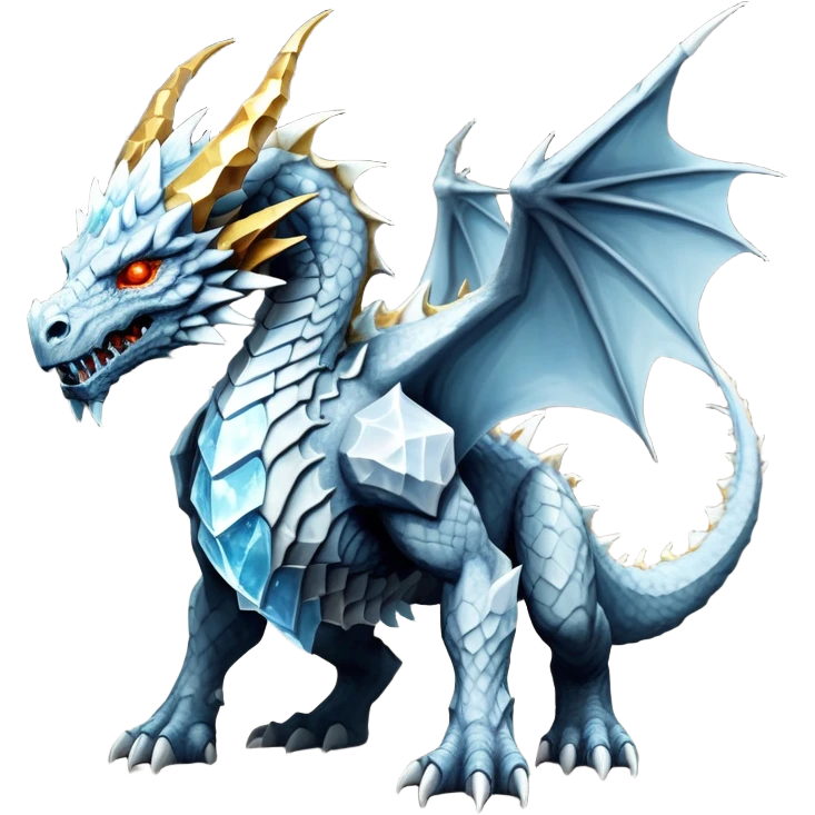This extraordinary hybrid creature combines the elemental power of an ice dragon with the raw physical might of a stone golem. Its core body resembles a cluster of angular, faceted stones that have been infused with magical ice energy. The creature's head features a draconic shape with curved horns and piercing amber-gold eyes, but parts of its face retain the jagged stone texture. Blue-white energy flows between the gray rock segments, creating glowing lines throughout its body. The creature has developed partial wings made of crystalline ice formations extending from its rocky frame, and its tail alternates between stone segments and ice spikes. Sharp teeth line its mouth, some appearing as polished stone, others as ice crystals. Frost continuously emanates from its body, and when it moves, it creates a distinctive sound of grinding stone and crackling ice. full body emoji