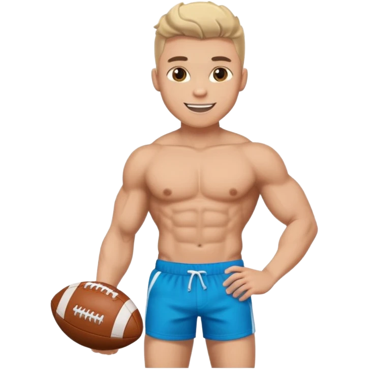 male memoji, shirtless muscular man with six-pack abs, wearing designer shorts, holding a football, confident and flirty smile emoji