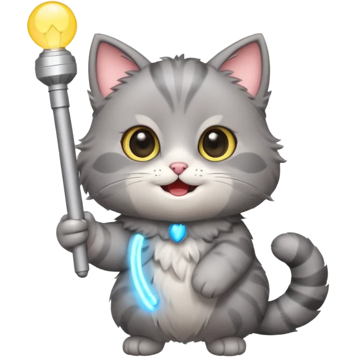 chibi cute gray cat holding a light stick happily emoji