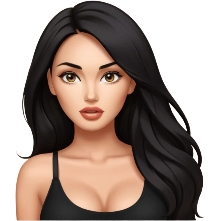 Megan fox, fashion model Beautiful woman model adult   large breasts  with monolid narrow eyes tan  skin, full lips  long hair model black   top   emoji