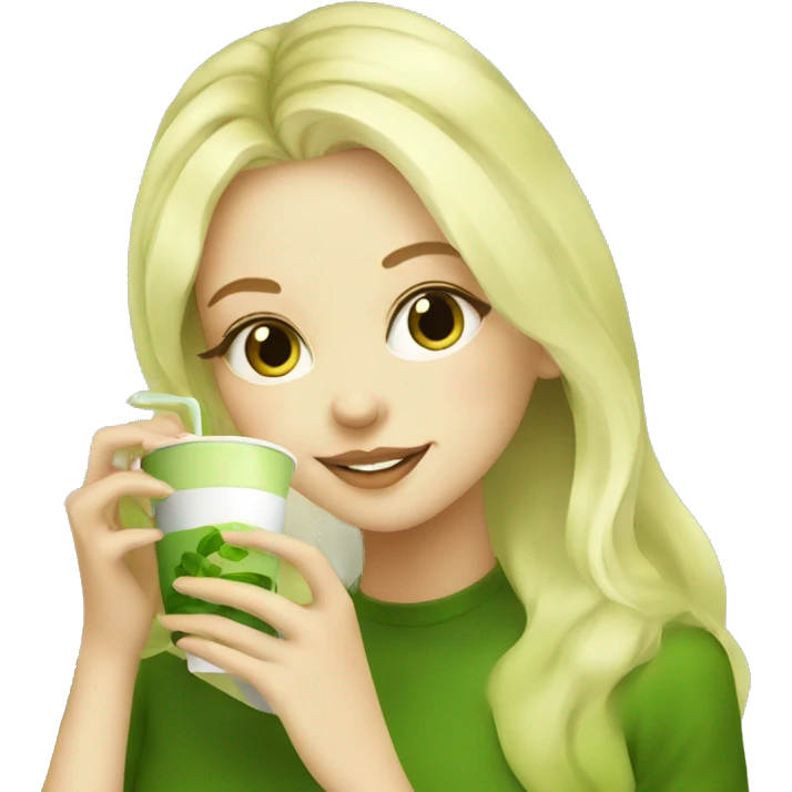 Blonde Girl drinking Matcha at the Matcha Hub emoji