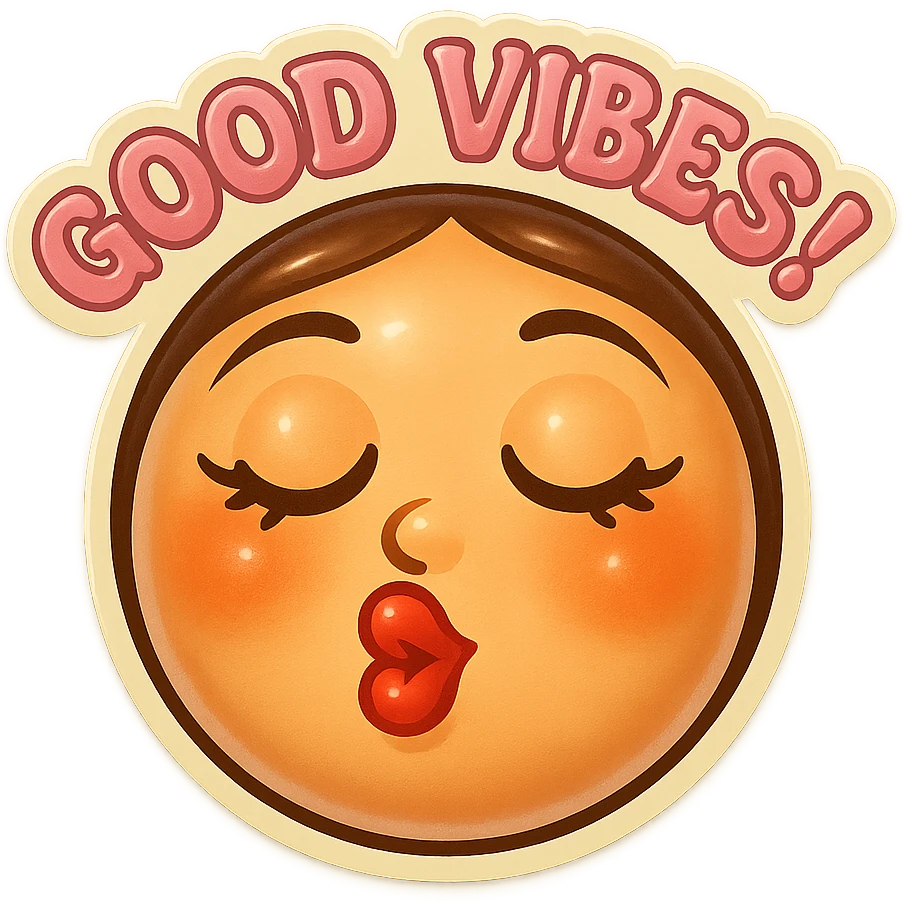 Eyes closed Kissy face 
add the words Good Vibes!  in pink  emoji