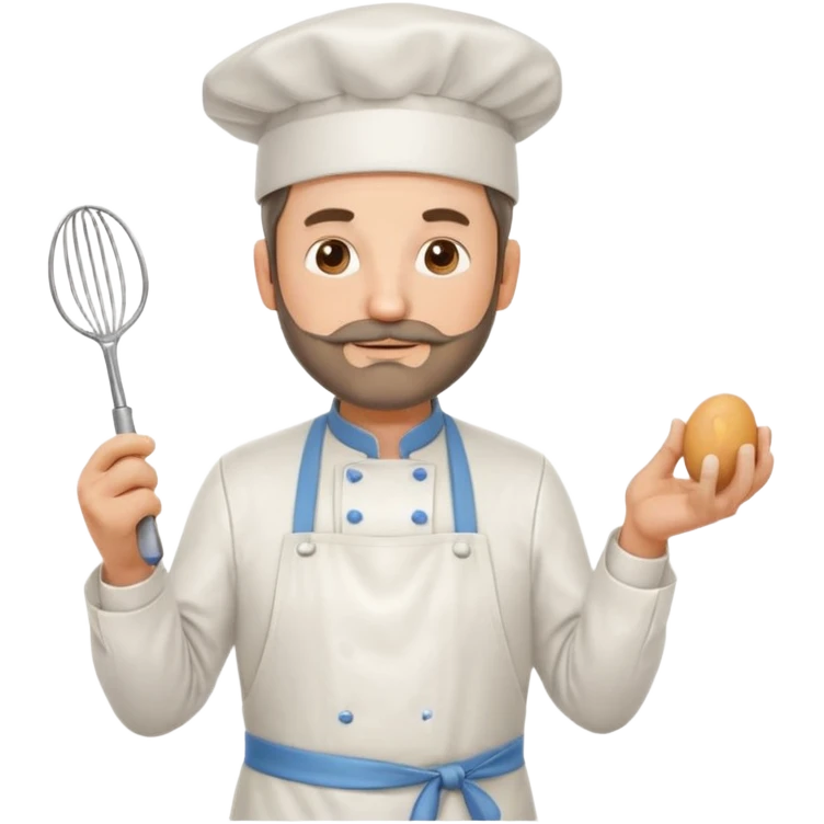 Middle aged male pastry chef - with a small beard, apron, white hat, holding an egg beater in his right hand, and his left hand naturally hanging down to his side emoji