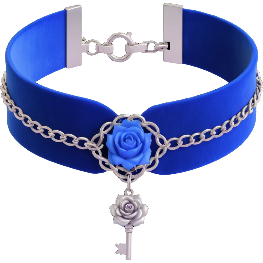gothic choker with cobalt blue velvet band, silver chained lock, blue rose accent, ethereal white mist effect, rich and gothic emoji