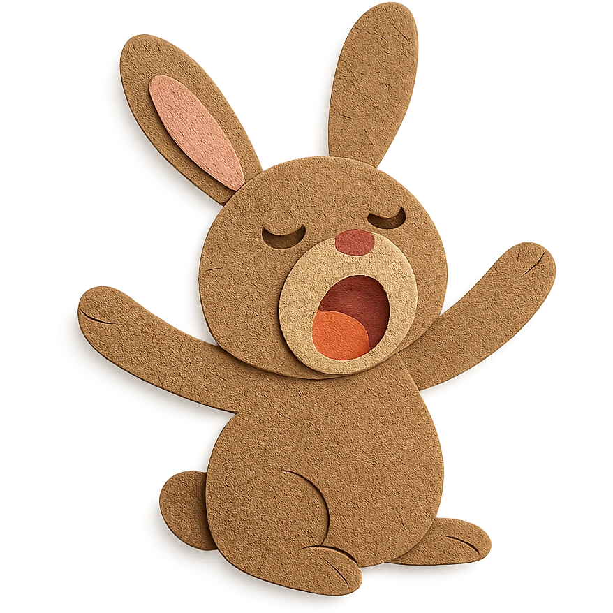 brown bunny stretching arms while yawning, paper-craft style emoji