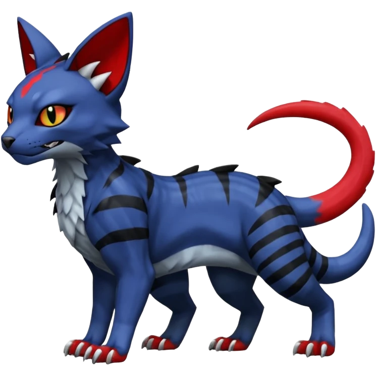 Dark dusky gloomy spooky midnight blue-gray-black, with red markings, white belly, scaley scaly batty feline-like quadrupedal digitigrade furry feral Bastet-Noibat-Gatomon-Garchomp-Digimon-Fakémon-Pokémon-creature (full body) emoji