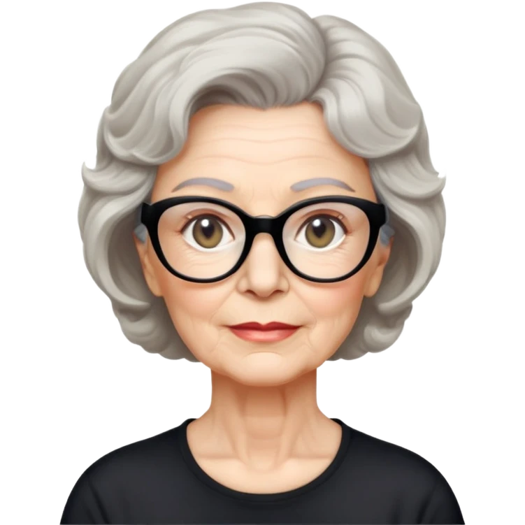 white older woman, about 65 years old, light warm skin, wide face, black wavy neck-length 80s short hair, low volume, neutral expression, large black shiny butterfly or cat-eye glasses, white casual t-shirt emoji