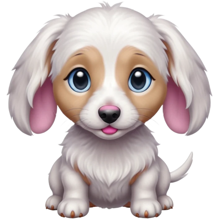 white mini dachshund with pink nose blue eyes and some grey streaks in fur emoji