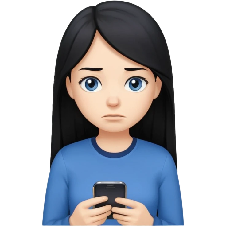 Cartoon emoji of a girl with long, straight black hair, fair skin, gentle blue eyes. Wearing a navy top, looking miserable and stressed, scrolling on her phone or watching TikTok. Smooth, simple, stylized. emoji