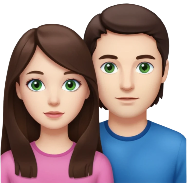 pink polaroid photo of a couple thats white with long brunette hair blue eyes and a white guy with short brunette hair and green eyes emoji