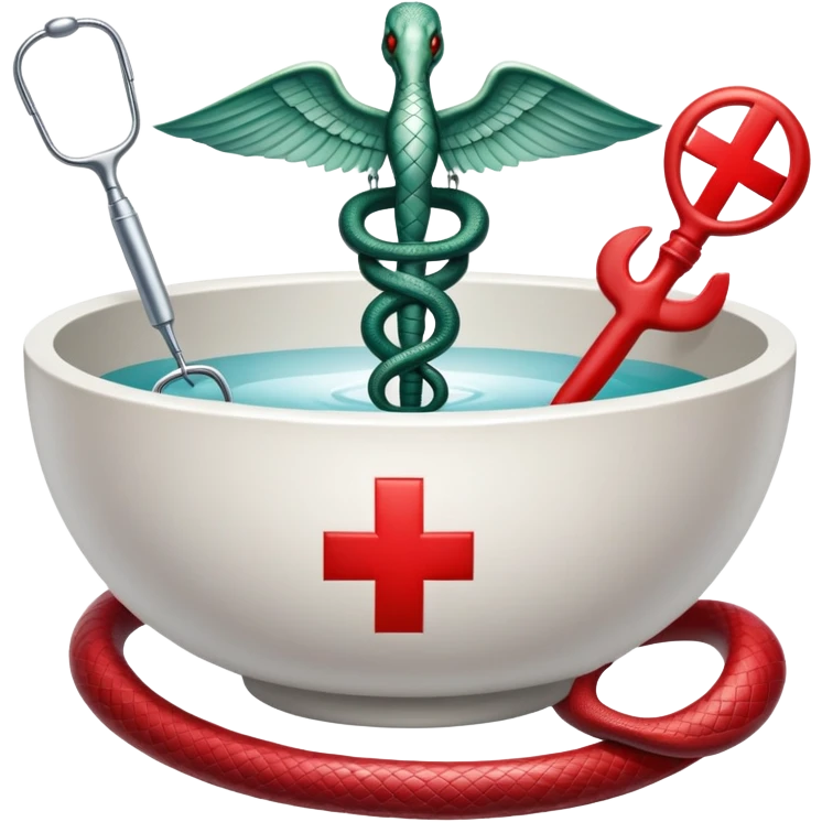 An icon featuring a caduceus (a bowl with a snake), a red cross, symbolizing medicine. The design includes medical tools and symbols, representing healthcare, diagnosis, and healing practices. Transparent background highlights the profession and study of medicine. emoji