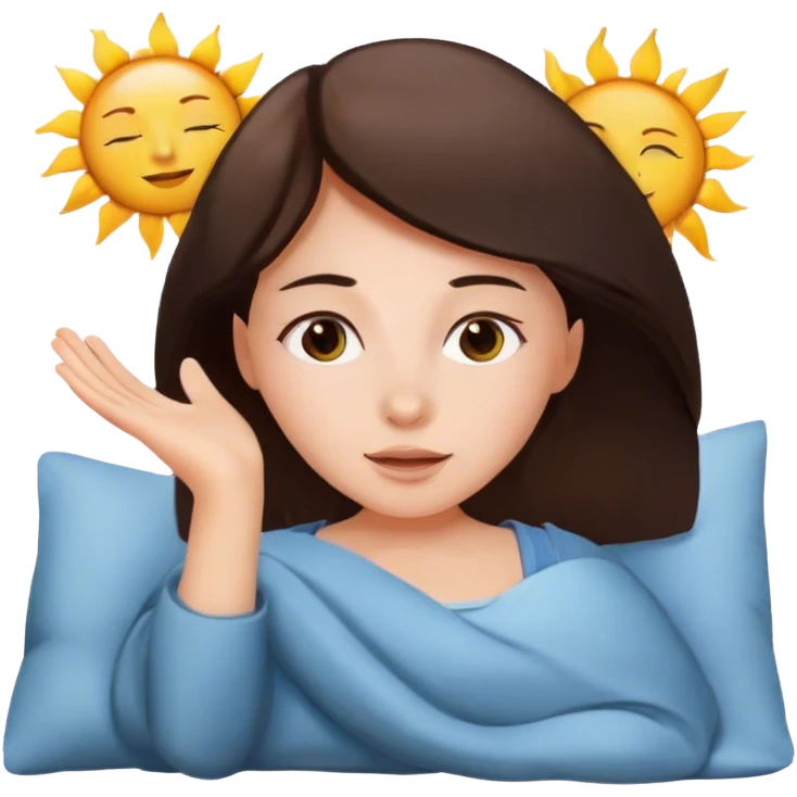brunette girl waking up in the morning with sun emoji