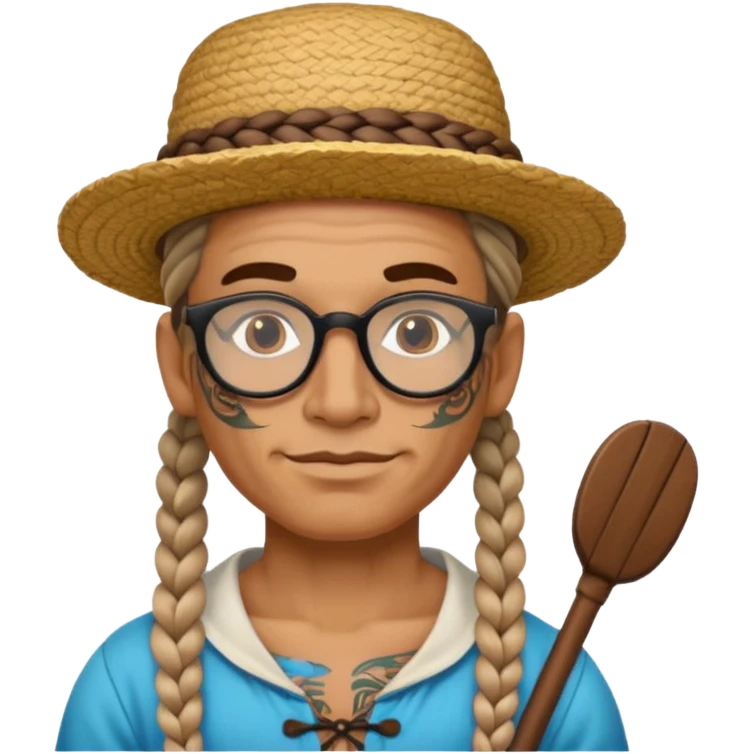 very tattoed face, normal glassess, fat venice gondolier with iconic hat and thick braided hair emoji