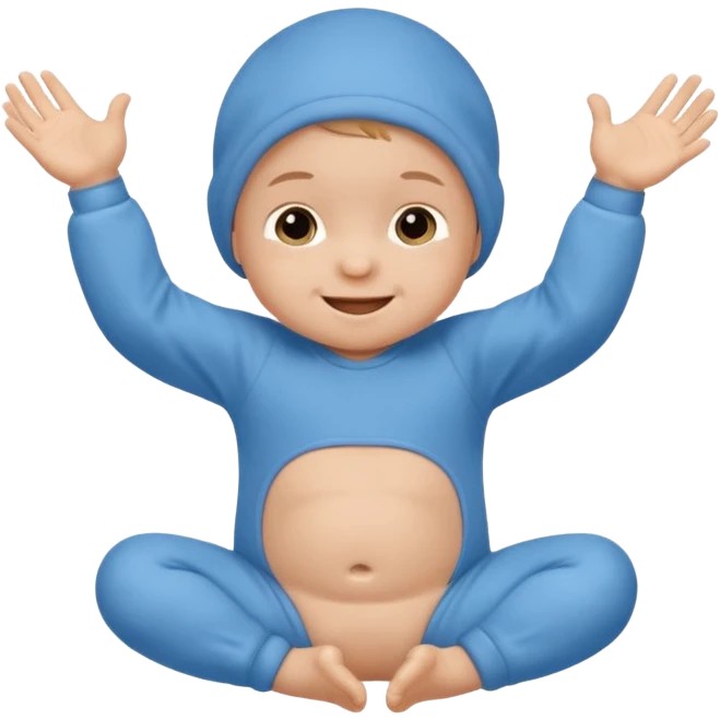 A smiling newborn baby wearing a blue onesie, moving its arms and hands. emoji