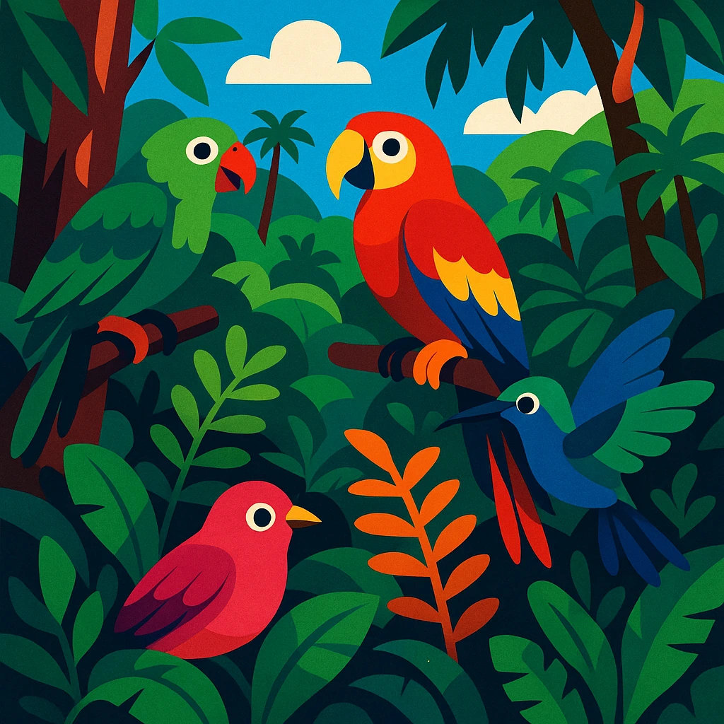 El Yunque rain forest scene with colorful birds and dense foliage in vibrant toon style emoji