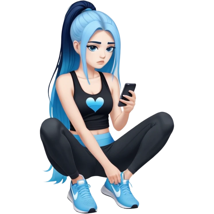 Heart broken, disappointed-very very very very big chest-texting on a samsung cell phone-very very long straight flowing black to sky blue hair ombre-blue eyes-black eyeliner-long eyelashes-sky blue very low cut tank top with sparkling nike logo-black leggings-nike sneakers emoji