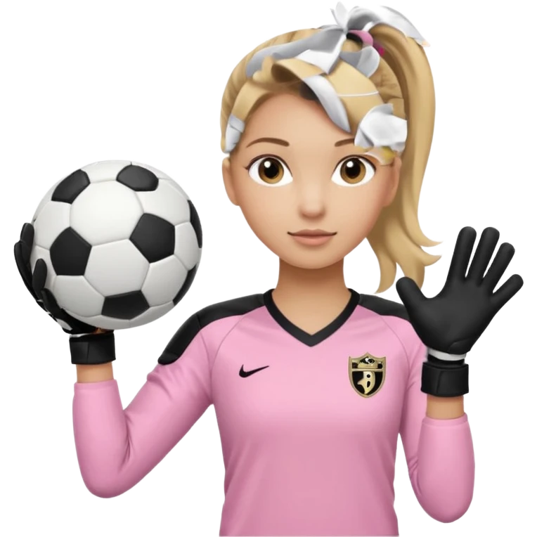 Make a dirty blonde football goalkeeper with goalkeeper gloves on holding a regular  The girl is light skinned and wearing a light pink football. Wearing a ponytail with the dirty blonde. Make it without the whole body. With full sleeves. WITHOUT A RUGBY BALL JUST REGULAR BLACK AND WHITE BALL emoji