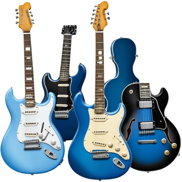 Icon for Blues Music: close-up collage of legendary blues artists. Gary Moore, Eric Clapton, B.B. King and Joe Cocker. Represented by silhouettes or symbolic items like guitars, microphones, or music notes, reflecting the soulful energy of blues music. Transparent background. emoji