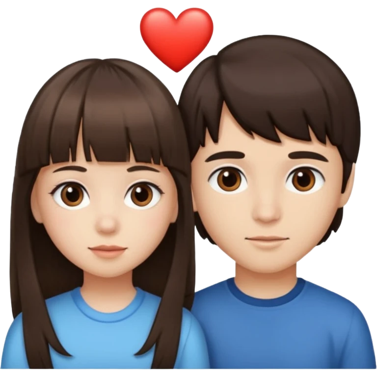 girl brunette with bangs long hair with boy dark brown hair with bangs with straight eyebrows with a light color heart between them. emoji