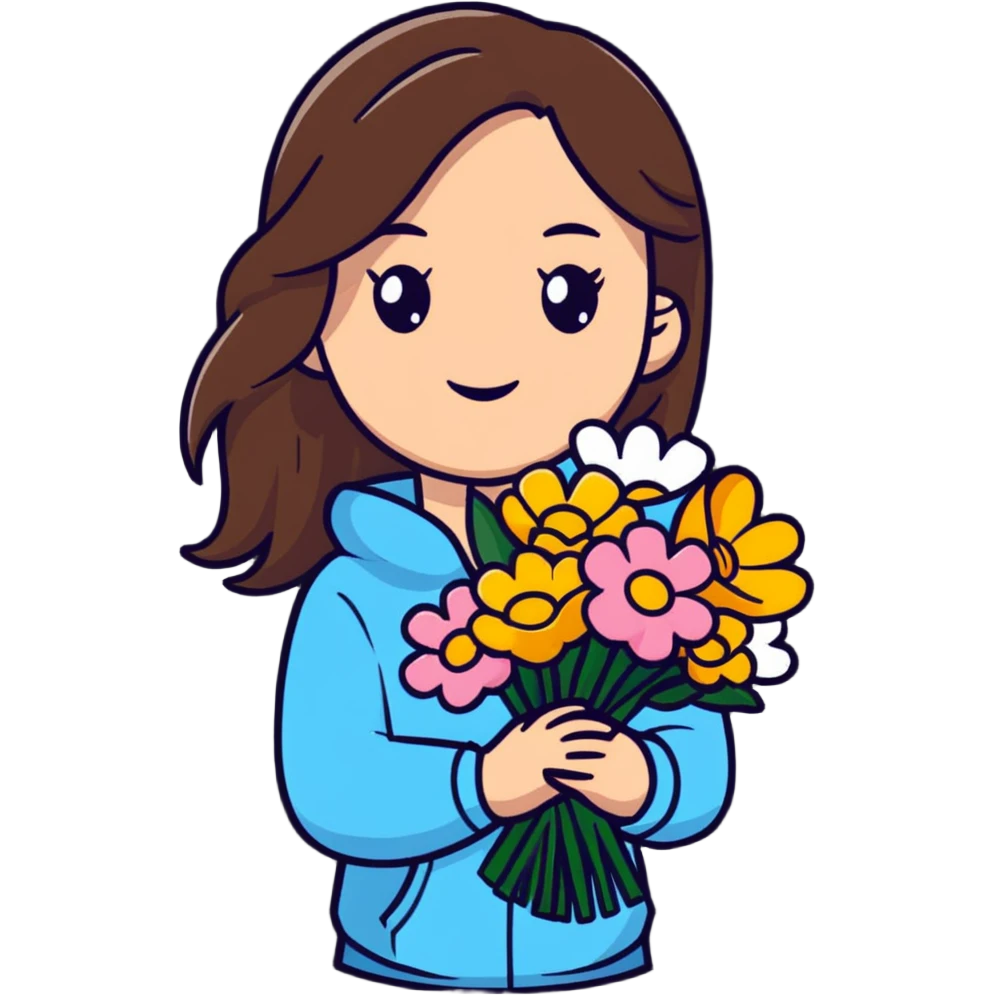 Cool girl with long brown hair holding a bouquet of flowers emoji