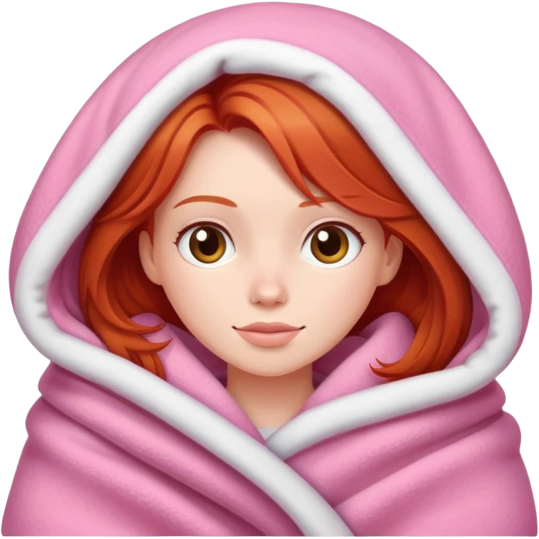A redhead girl with a pink big cozy blanket emoji