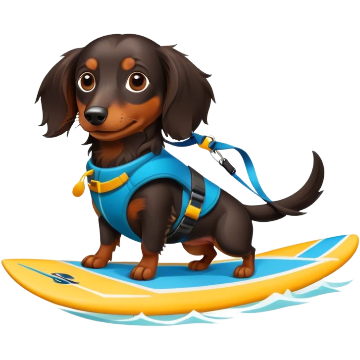Long haired, dark-haired dachshund kitesurfing emoji