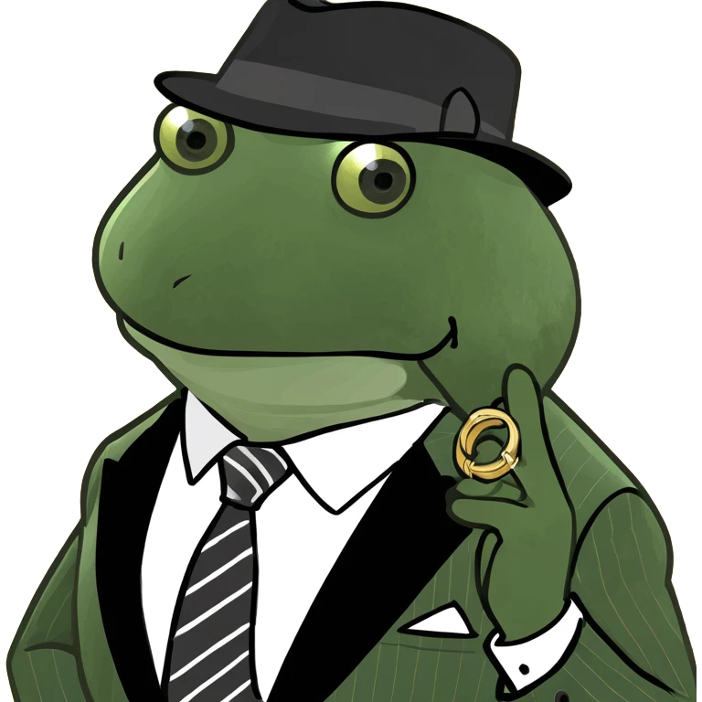 mob boss Italian frog wearing a pinstripe suit, fedora, and gold ring, taking tea emoji